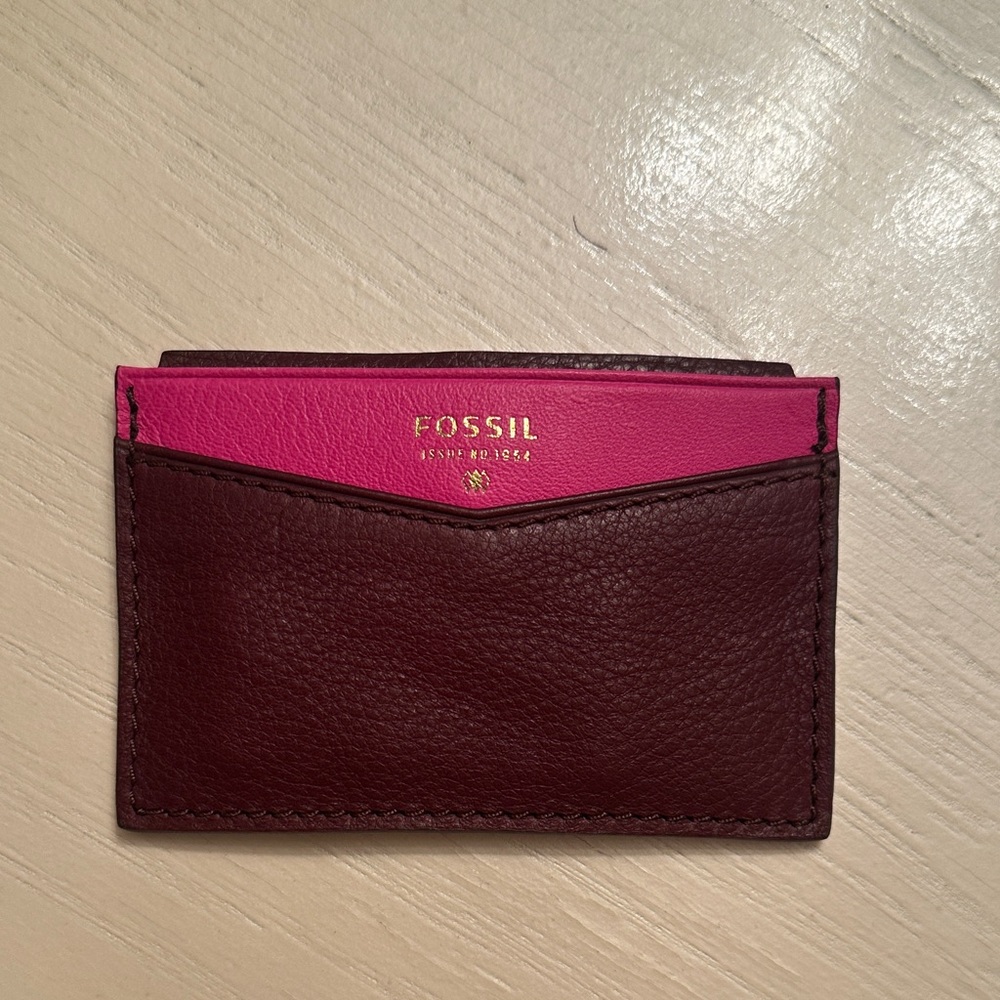 Fossil Two-Tone Leather Card Holder in Hot Pink & Wine